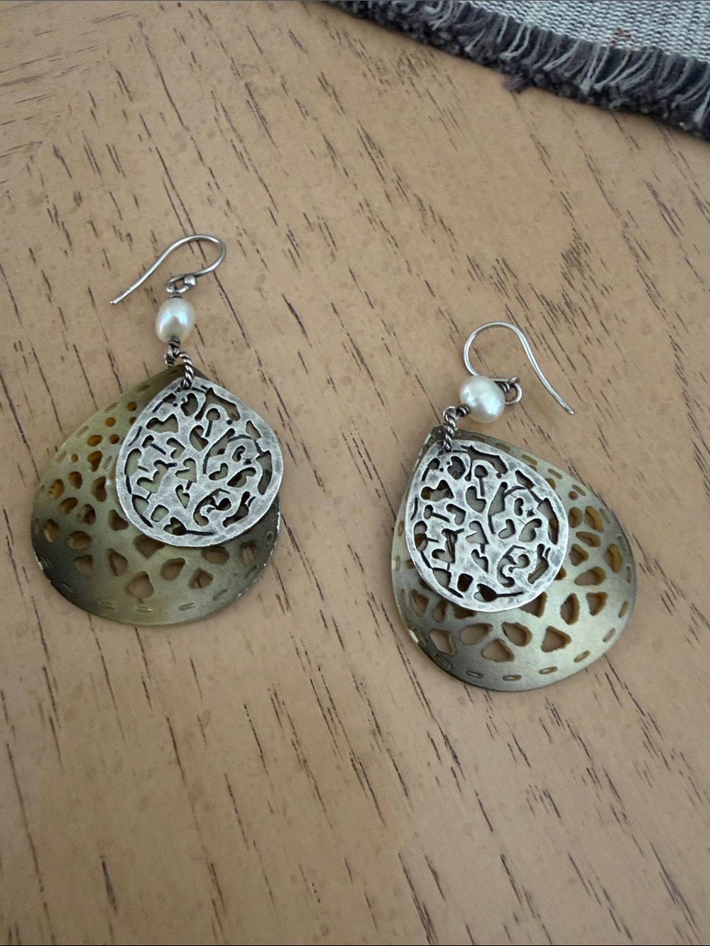 Silpada Pearl Drop Filigree Teardrop Earrings in Antique Brass and Gunmetal